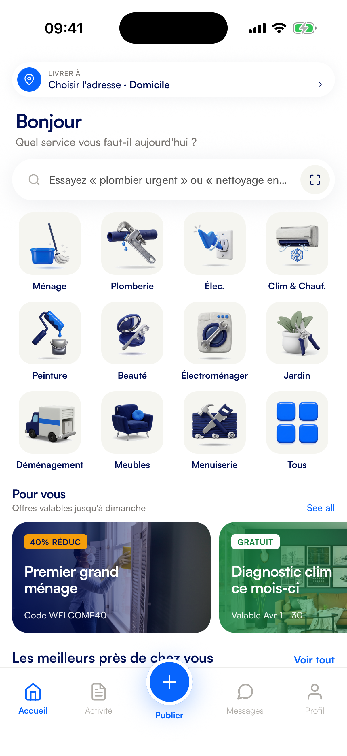 Application FixPros pour particuliers — réservez un plombier, une femme de ménage ou un électricien au Maroc