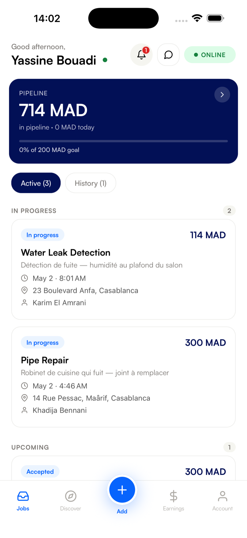 FixPros Partner app — pipeline and jobs dashboard for professionals in Morocco
