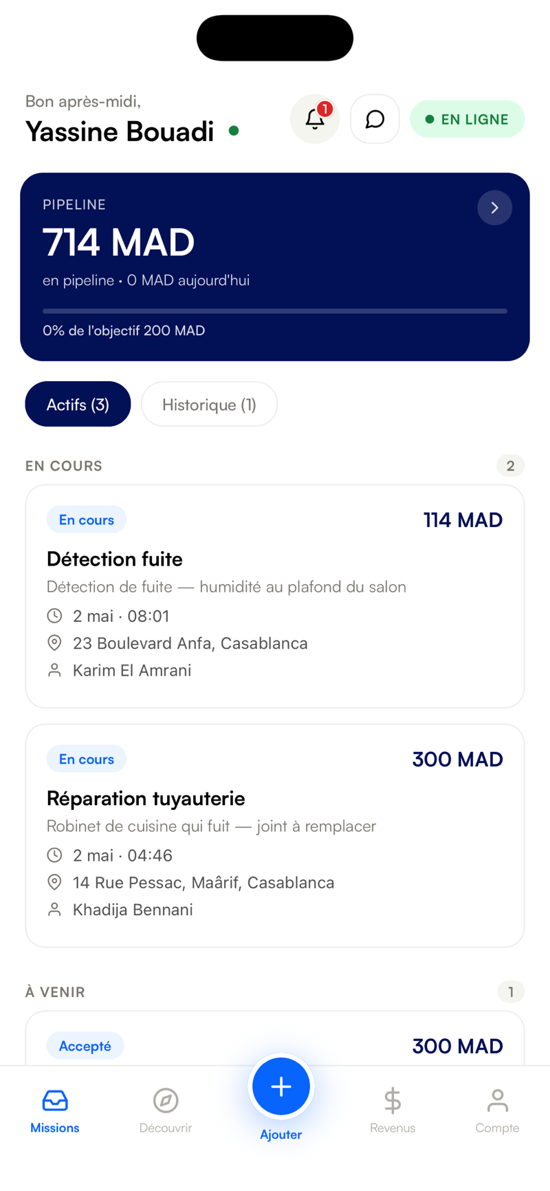 Application FixPros Partner — tableau de bord pipeline et missions pour artisans au Maroc